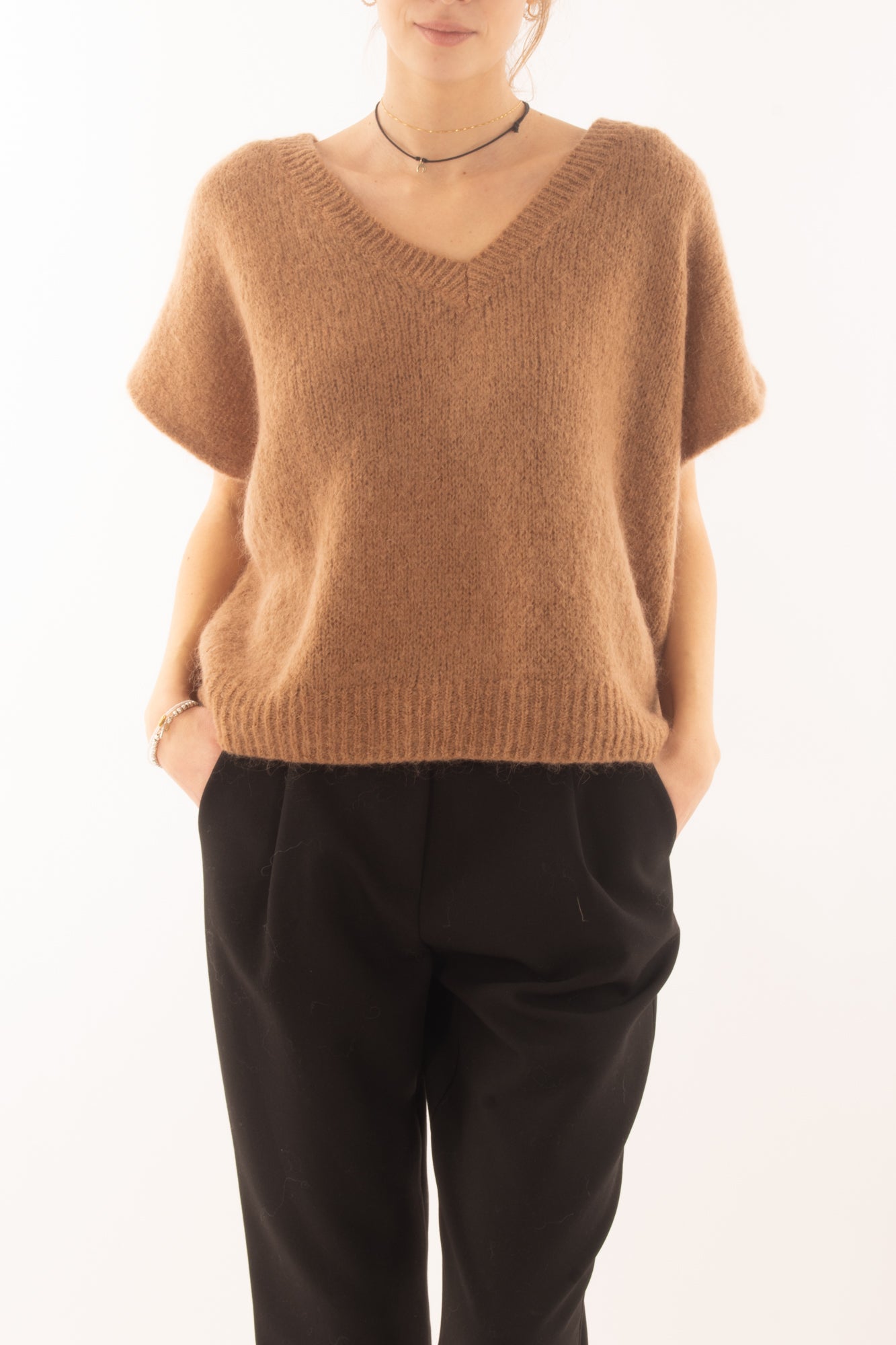 Maglione da donna misto mohair a v Dixie- Camel
