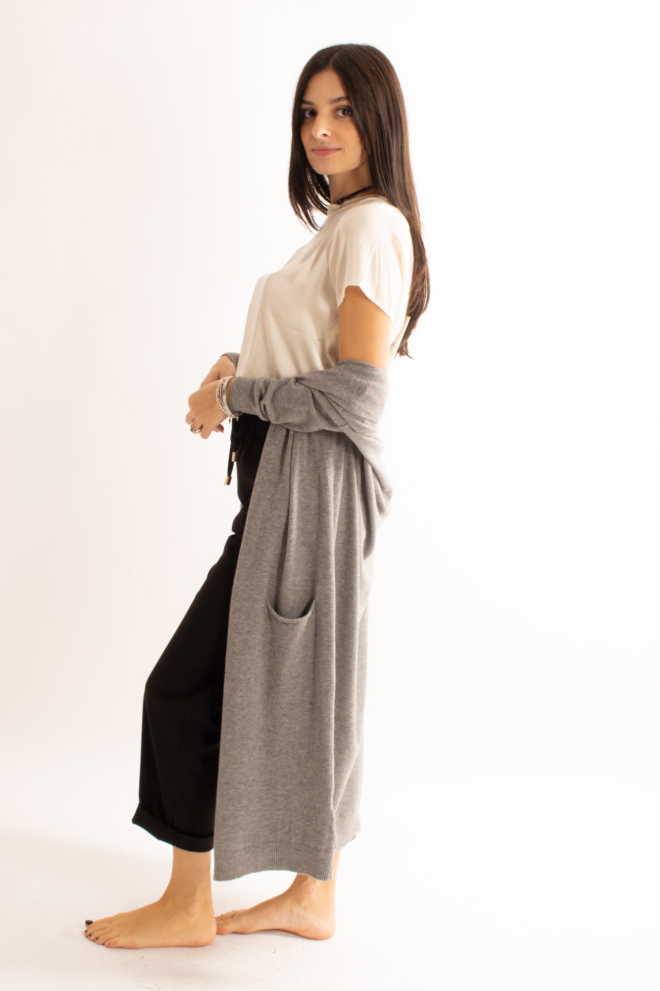 Cardigan lungo aperto Miamata - Grigio