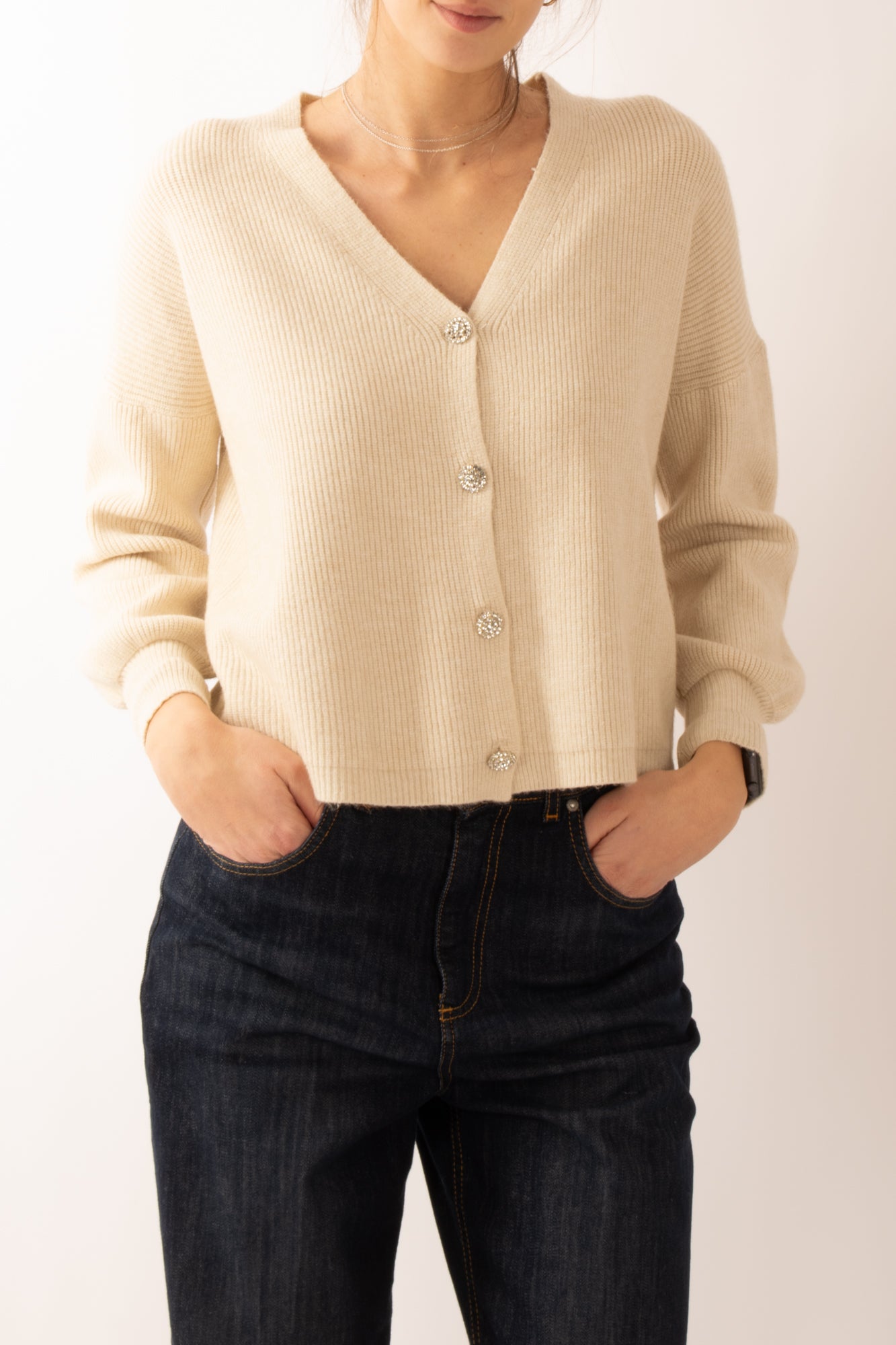 Cardigan bottone gioiello Miamata - Beige