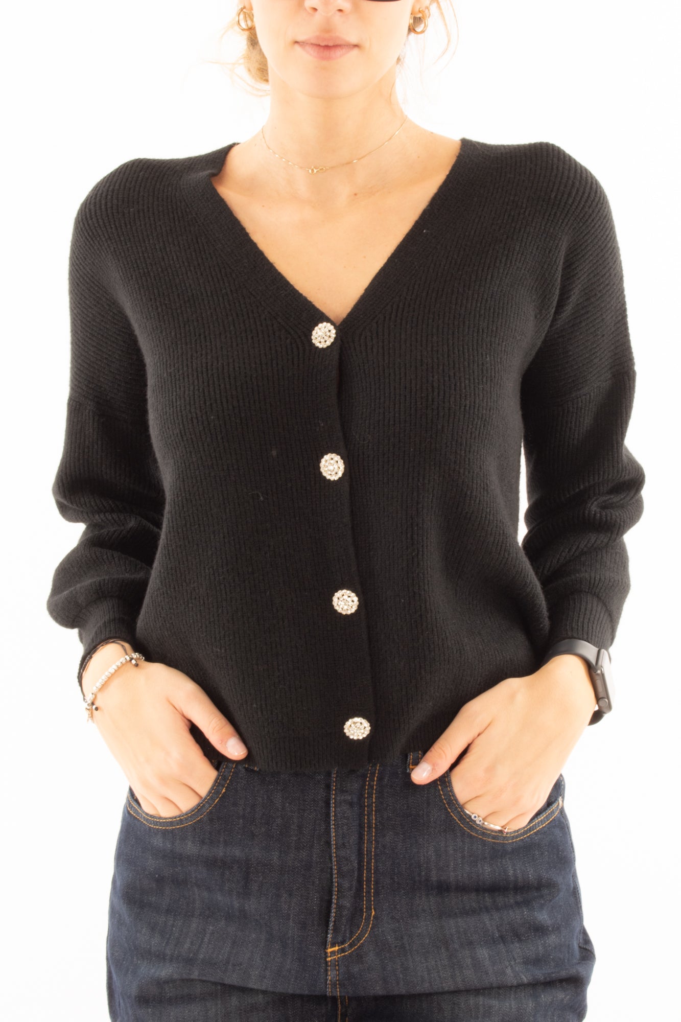 Cardigan bottone gioiello Miamata - Nero