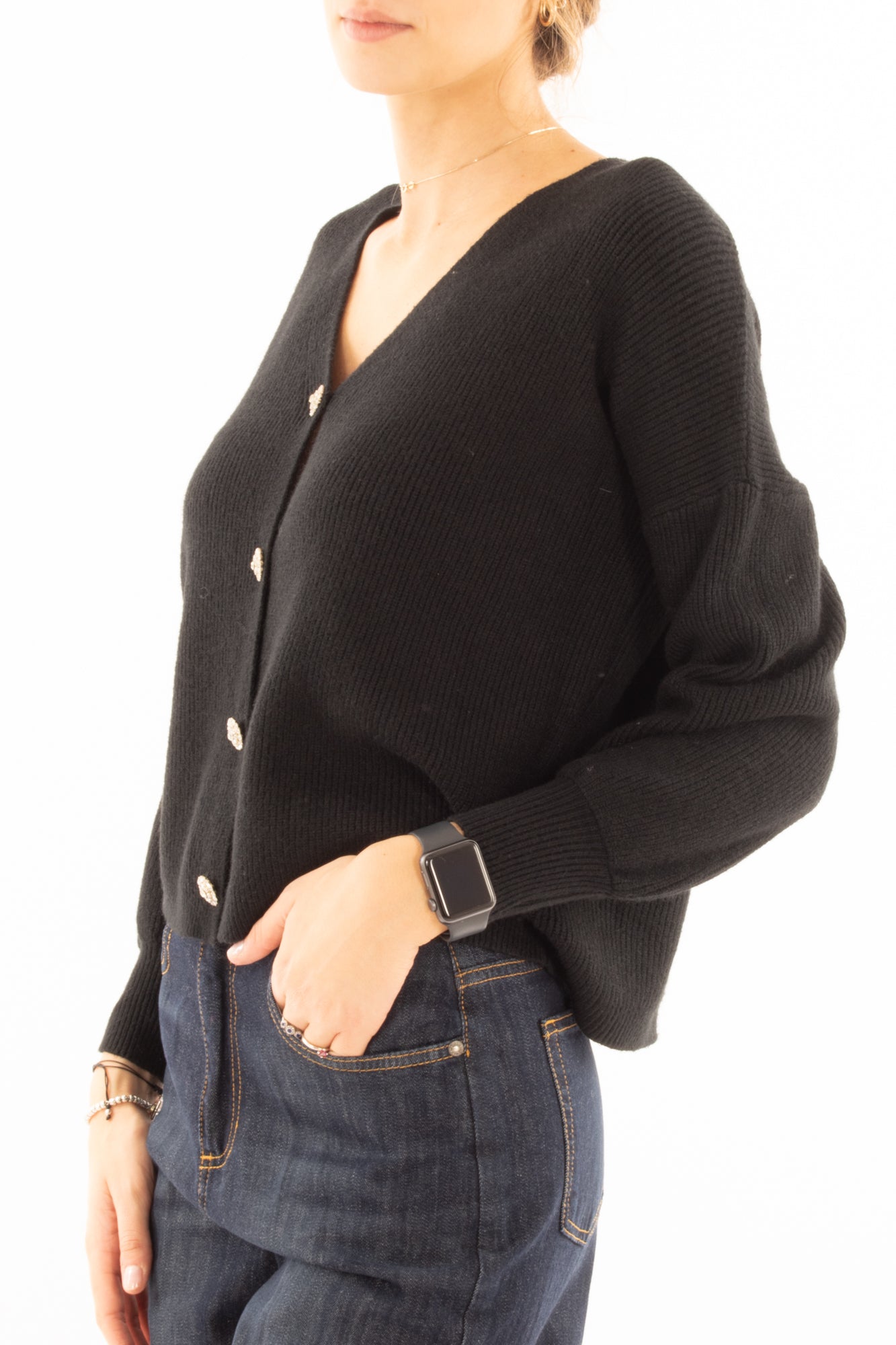 Cardigan bottone gioiello Miamata - Nero