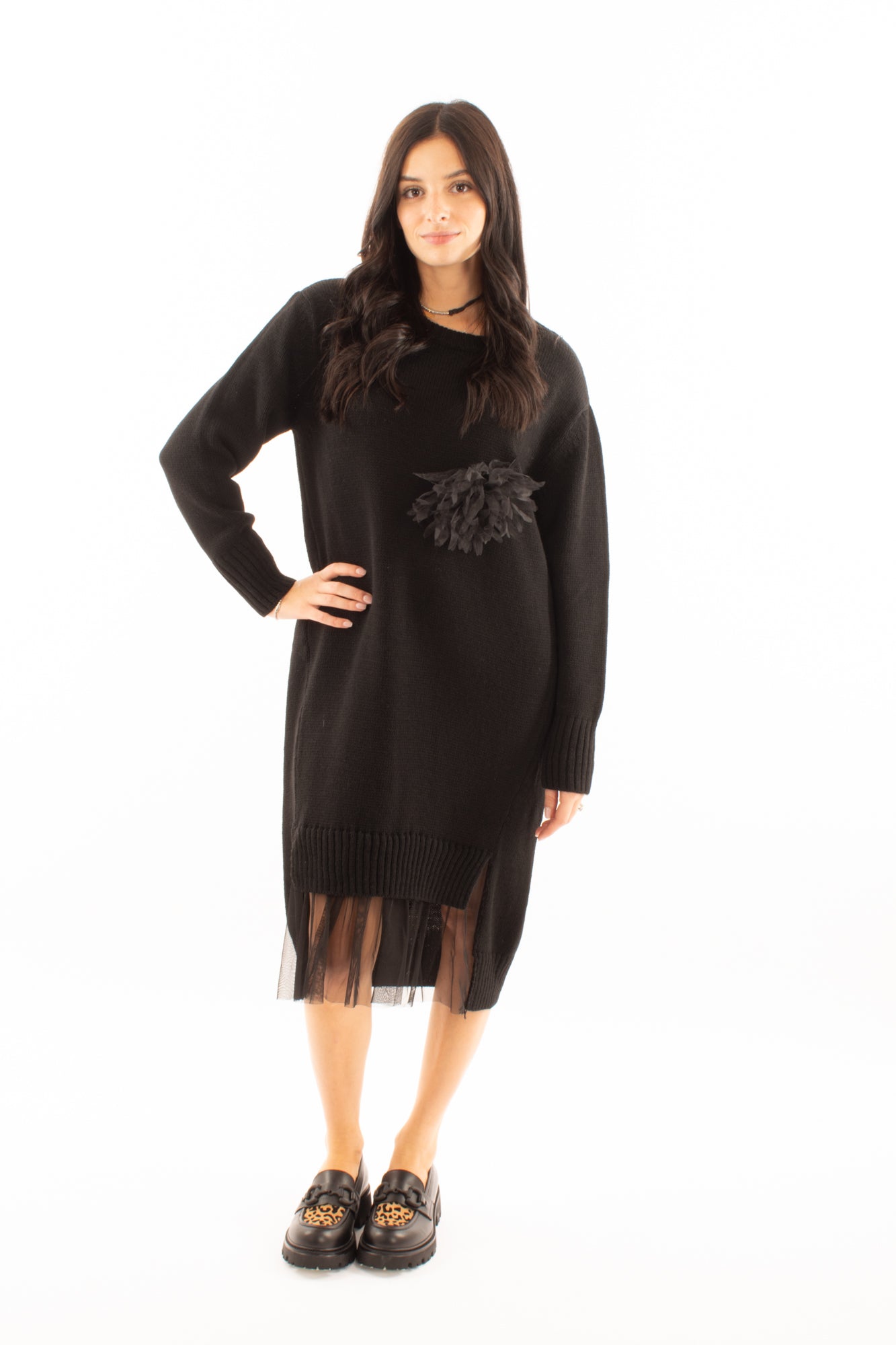 Abito di lana con tulle Susy mix - Nero