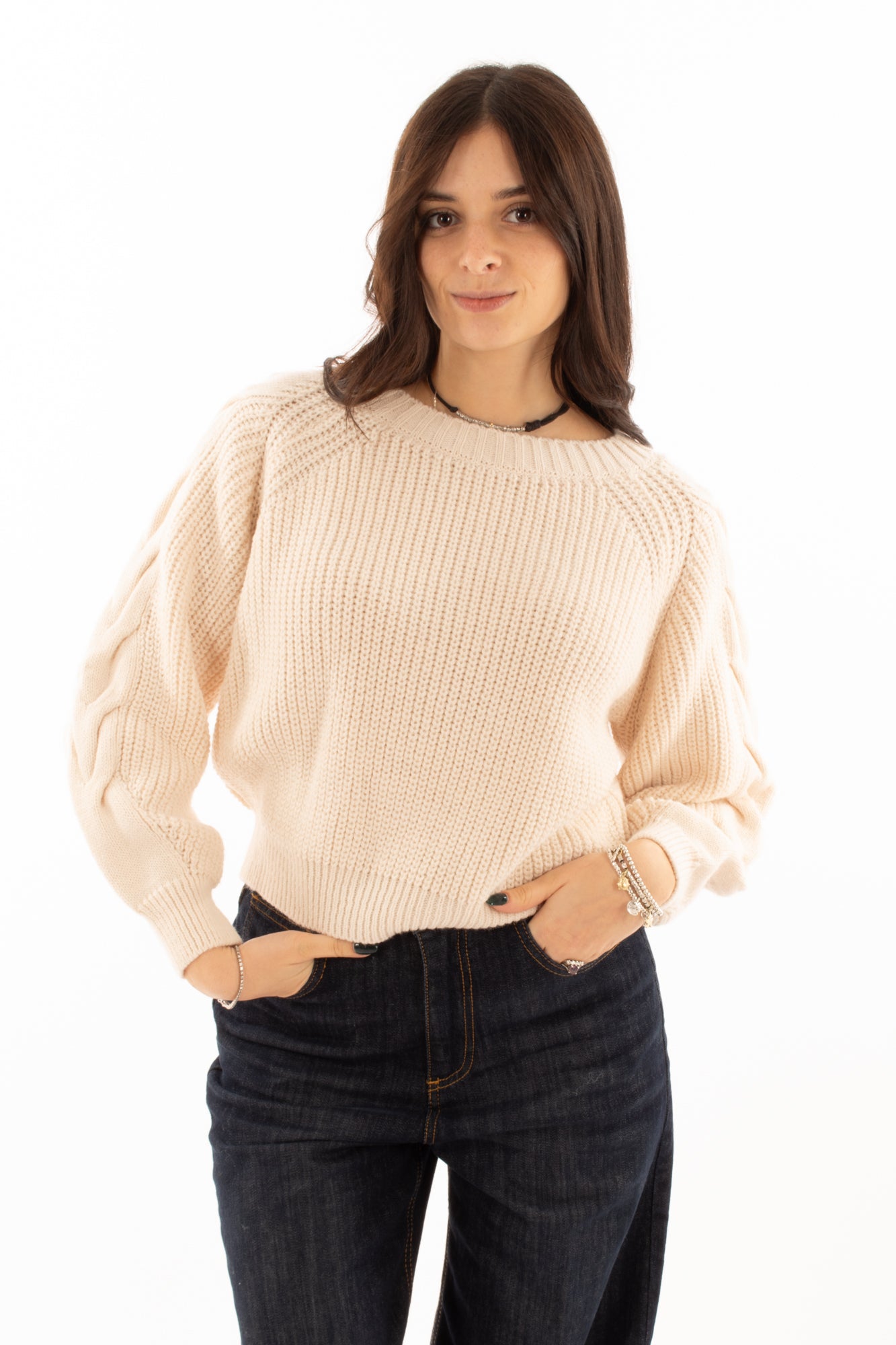 Maglione misto alpaca con treccia Susy mix - Burro