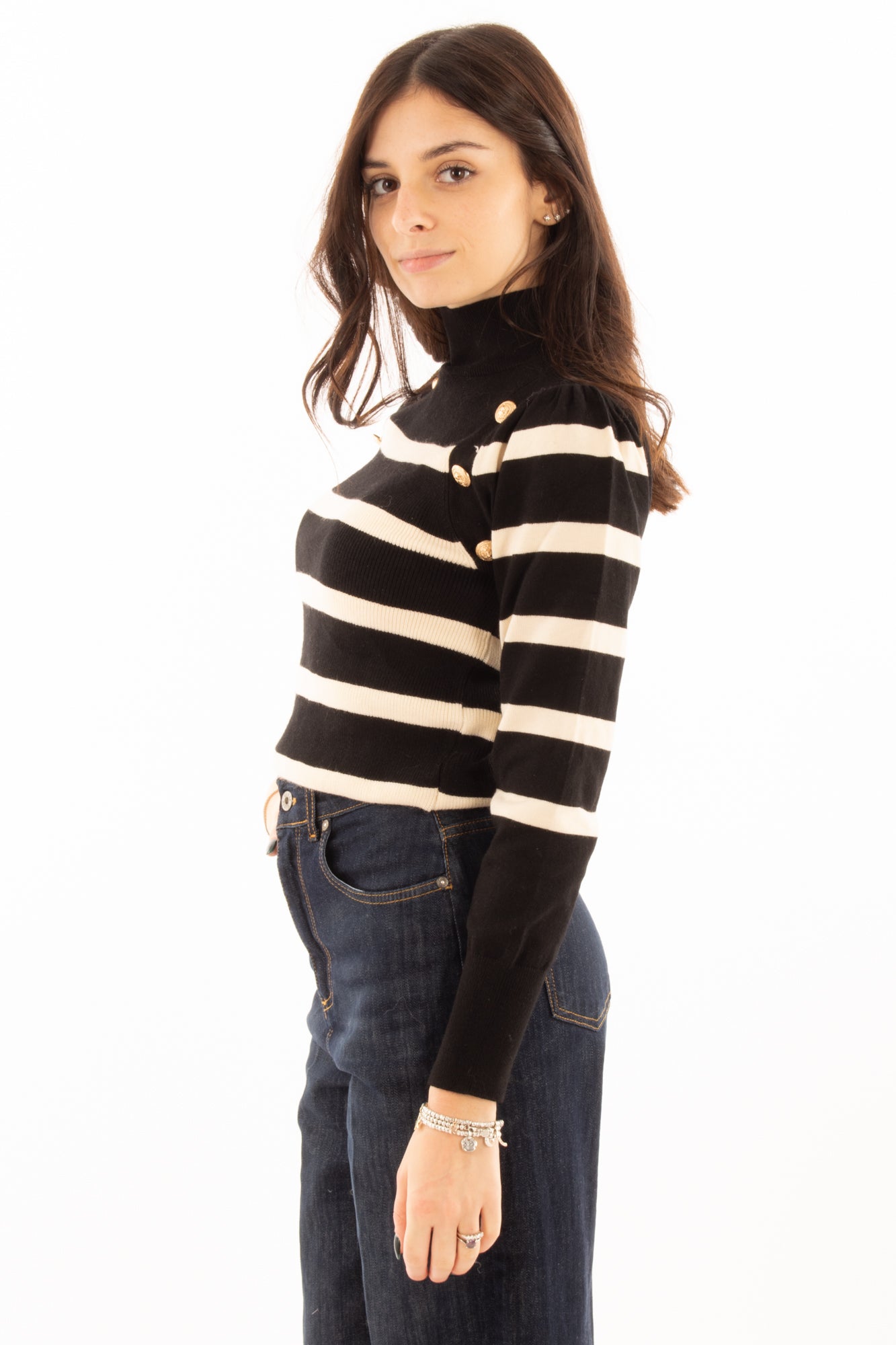 Maglione rigato con bottoni Susy mix - Nero