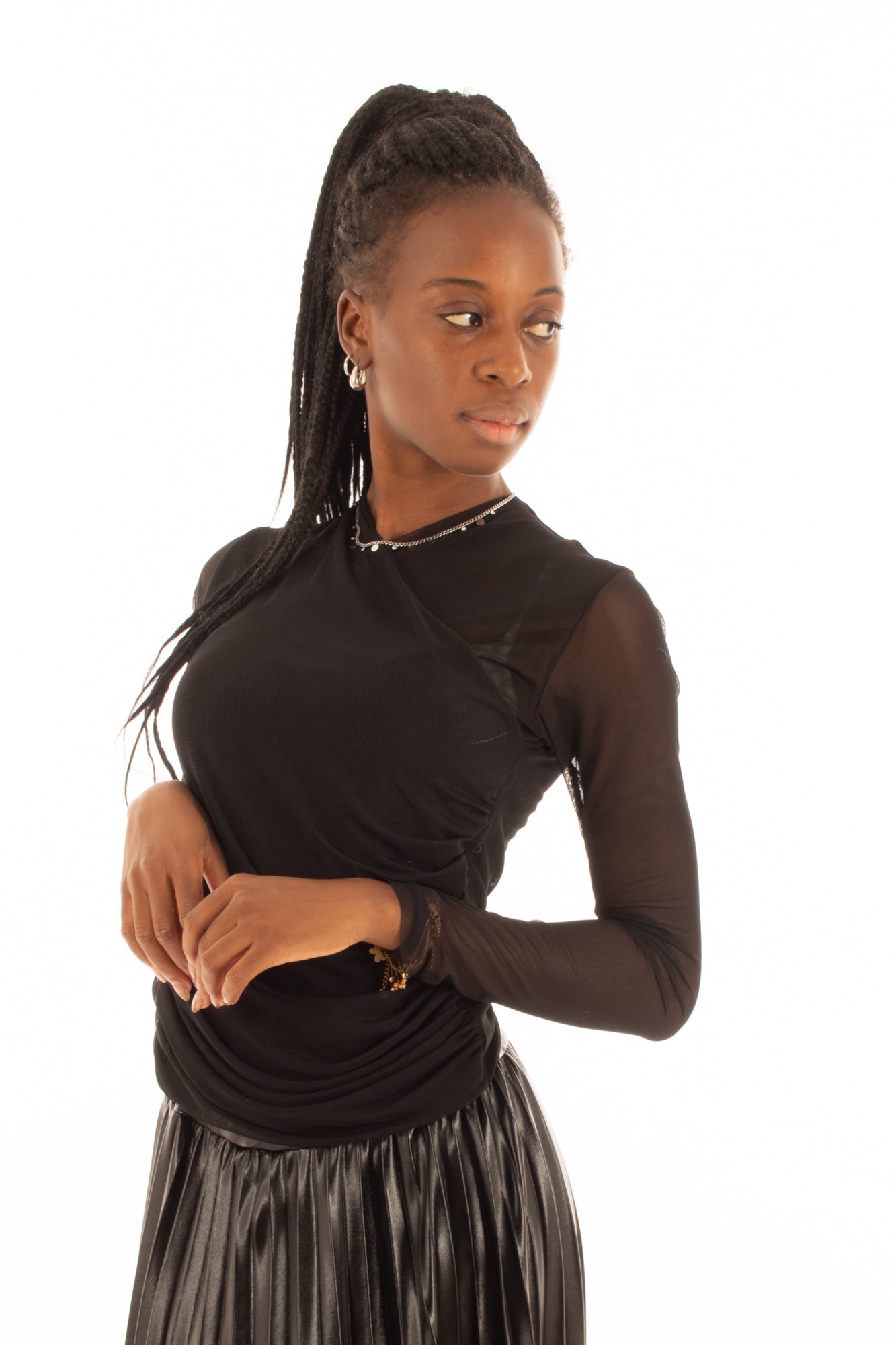 Maglia tulle con drappeggi Susy mix - Nero
