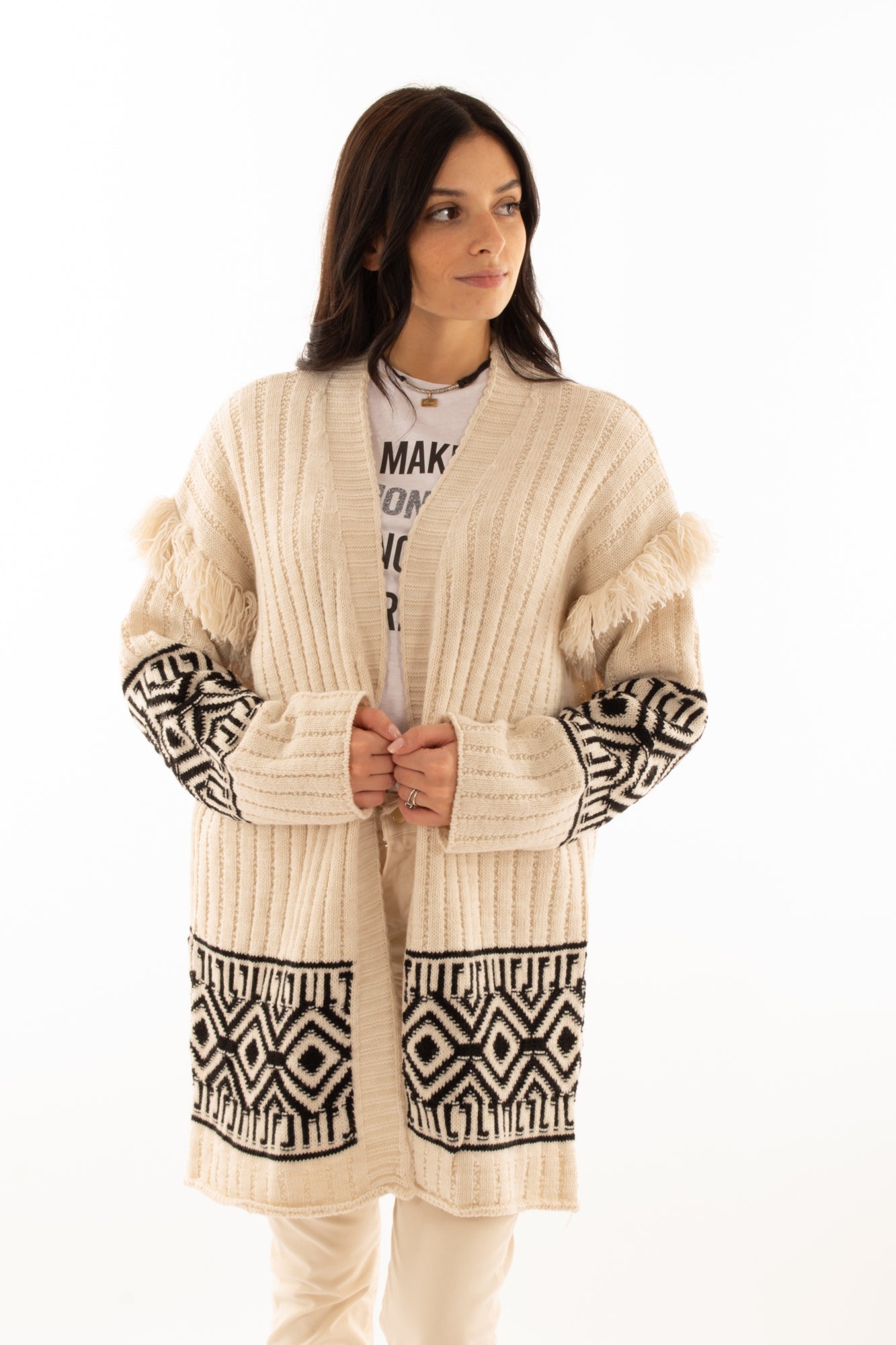 Cardigan aperto con frange Susy mix Elitè -Burro