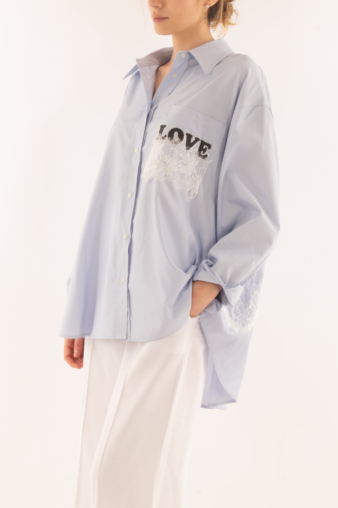 Camicia mille righe con scritte da Donna - Dixie - Celeste