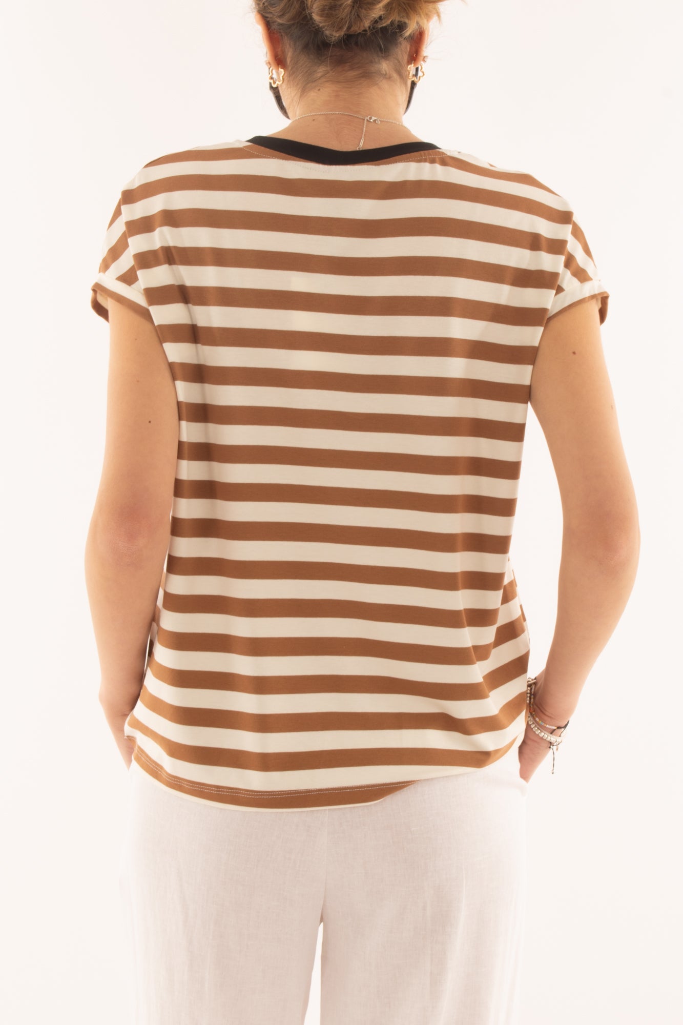 T-shirt a v rigata da Donna Dixie - Tabacco