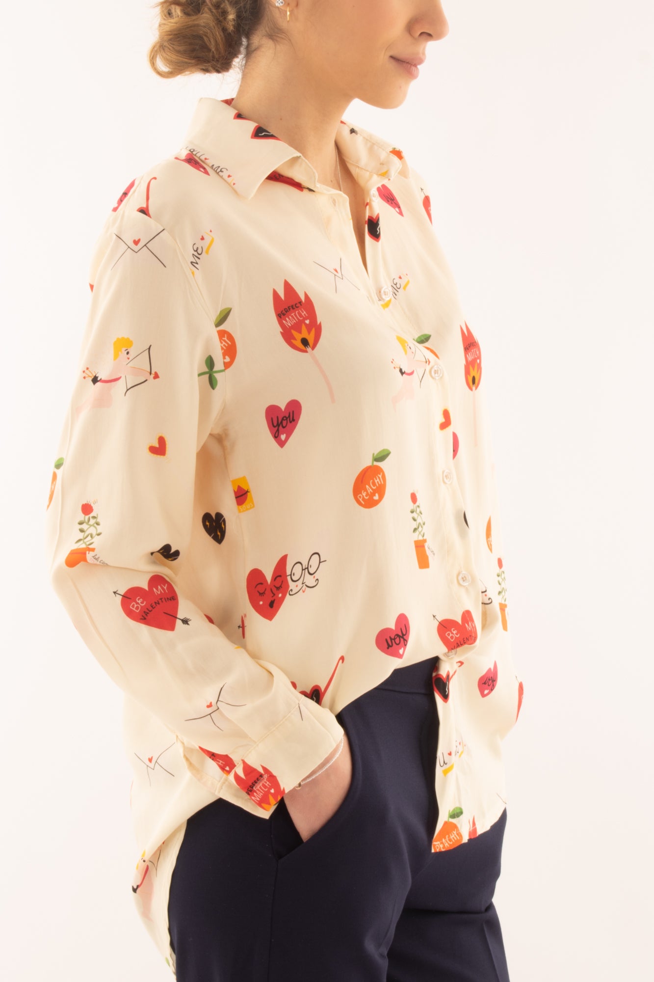 Camicia con cuori in viscosa da Donna Metoo - Crema