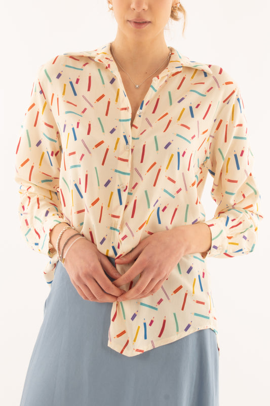 camicia con stampa matite in viscosa da Donna Metoo - Crema