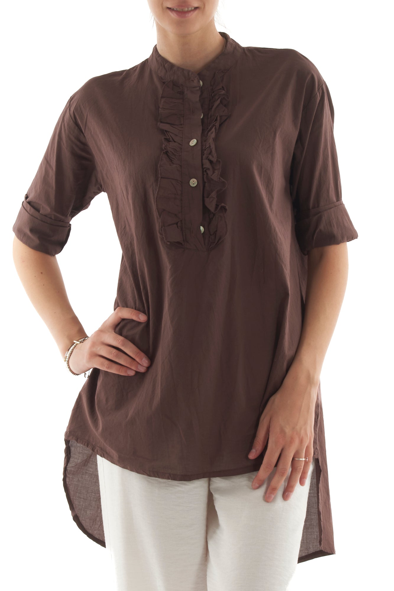 Camicia lunga con voilà da Donna Metoo- Tabacco
