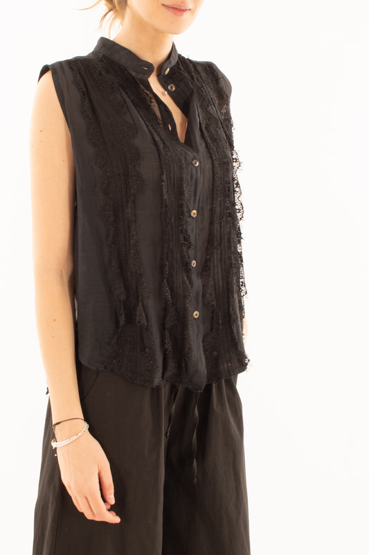 Camicia misto seta con pizzo da Donna Souvenir - Nero