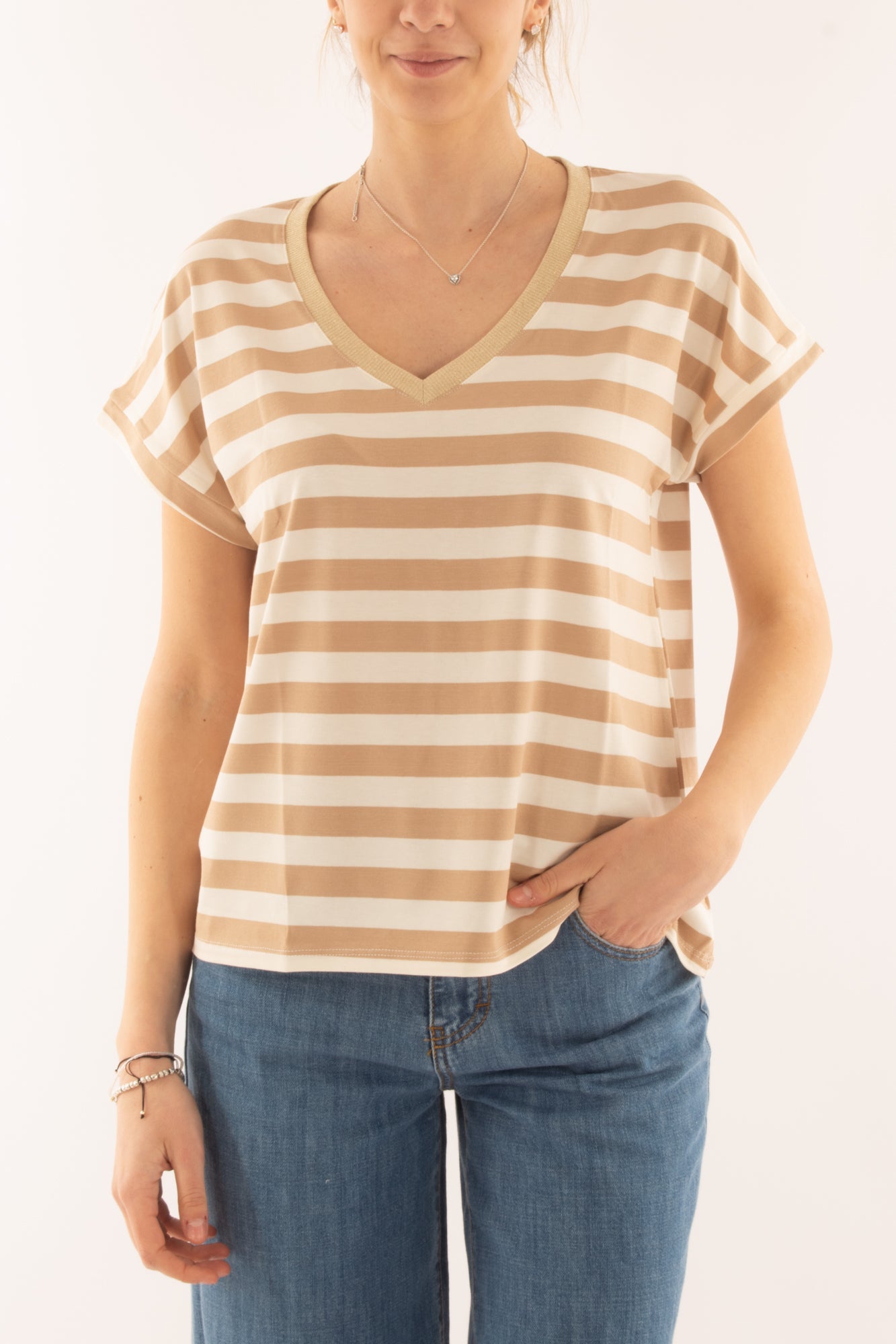 T-shirt rigata da donna Susy mix - Beige