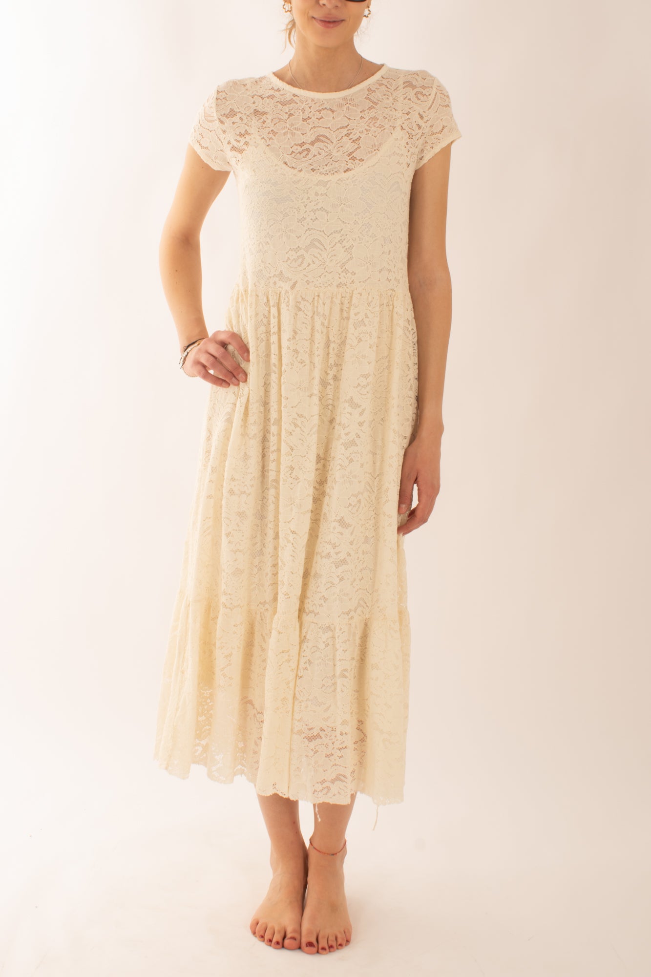 Abito lungo in pizzo in pizzo da Donna Susy mix - Burro