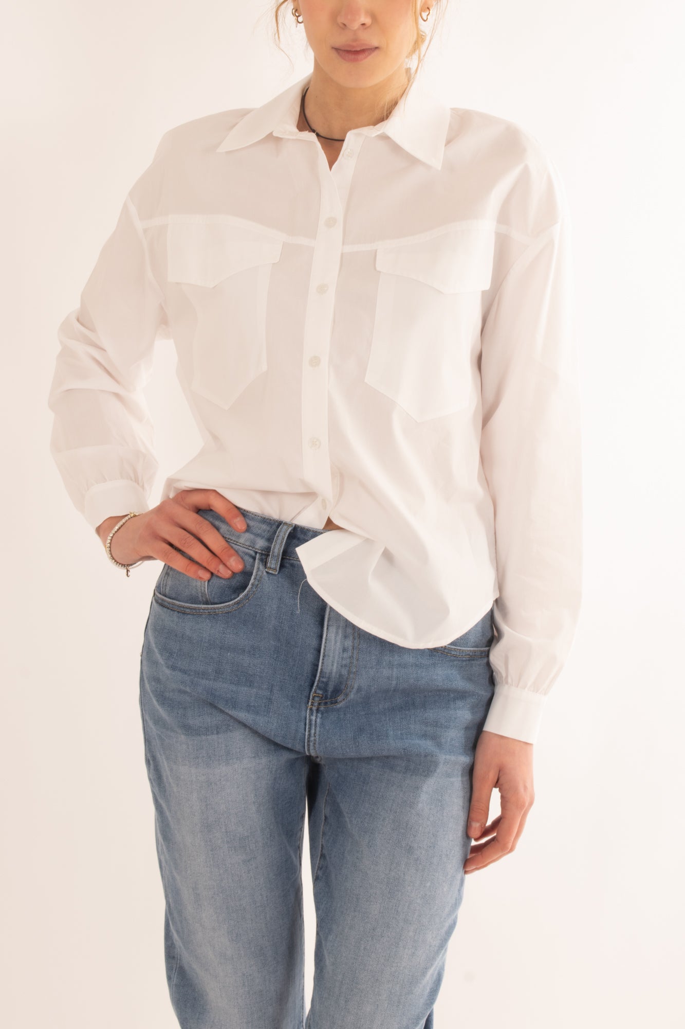 Camicia larga con tasconi da Donna Susy mix - Bianco