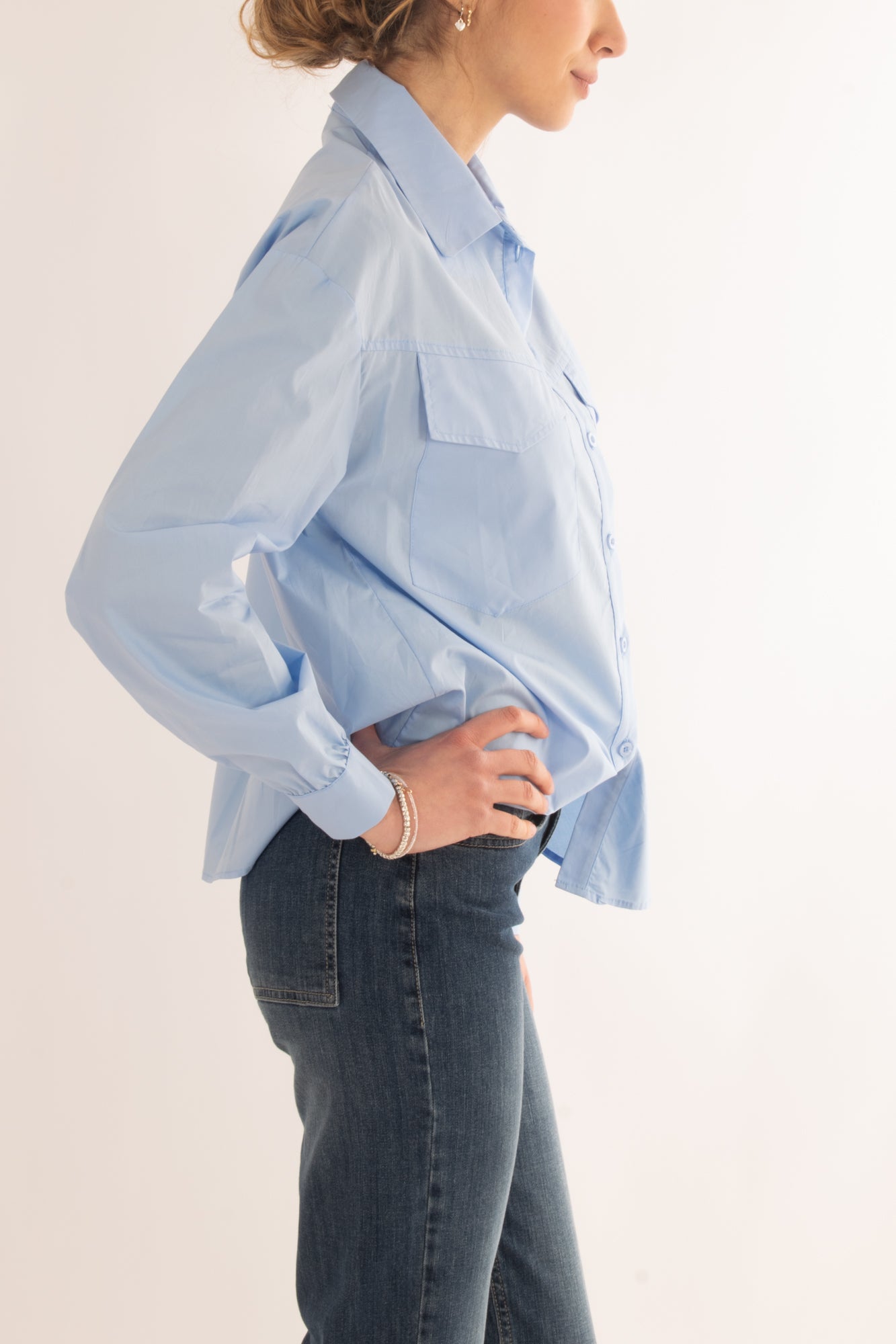 Camicia larga con tasconi da Donna Susy mix - Celeste