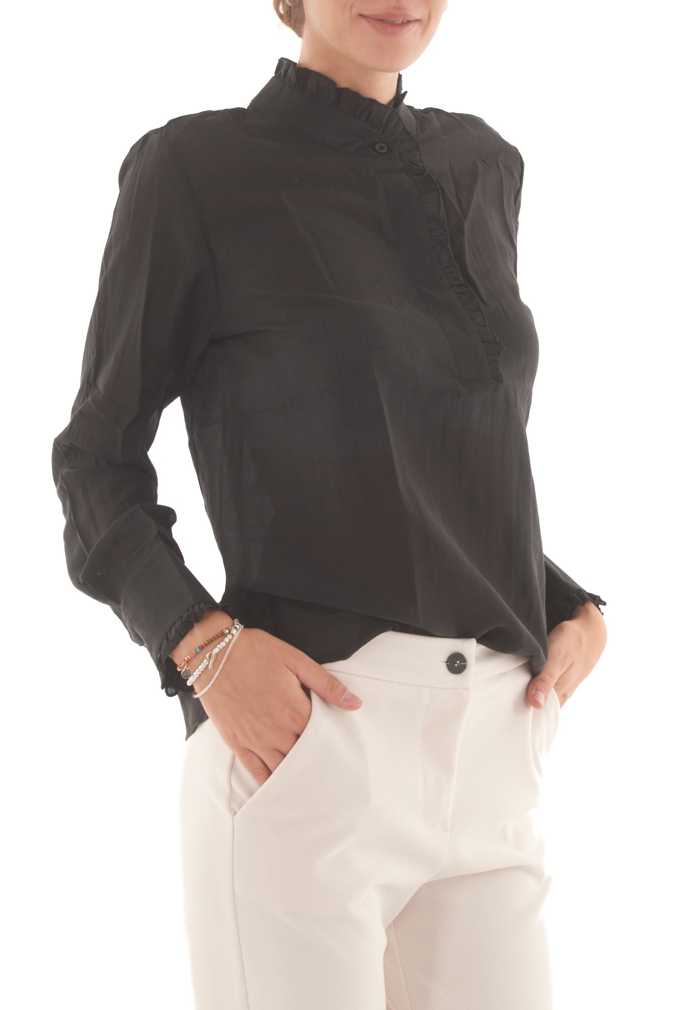 Camicia con collo alla coreana Susy mix - Nero