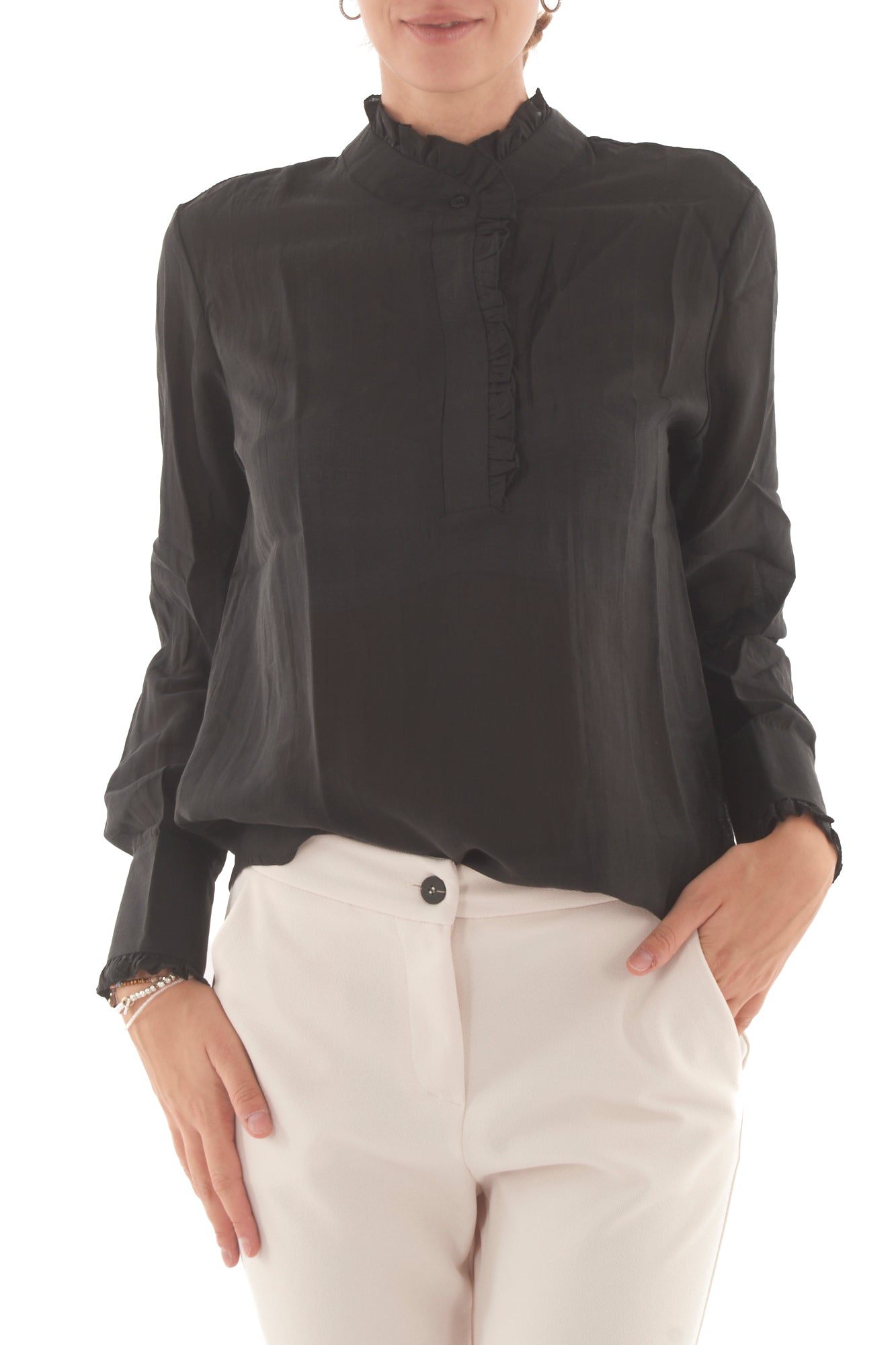 Camicia con collo alla coreana Susy mix - Nero