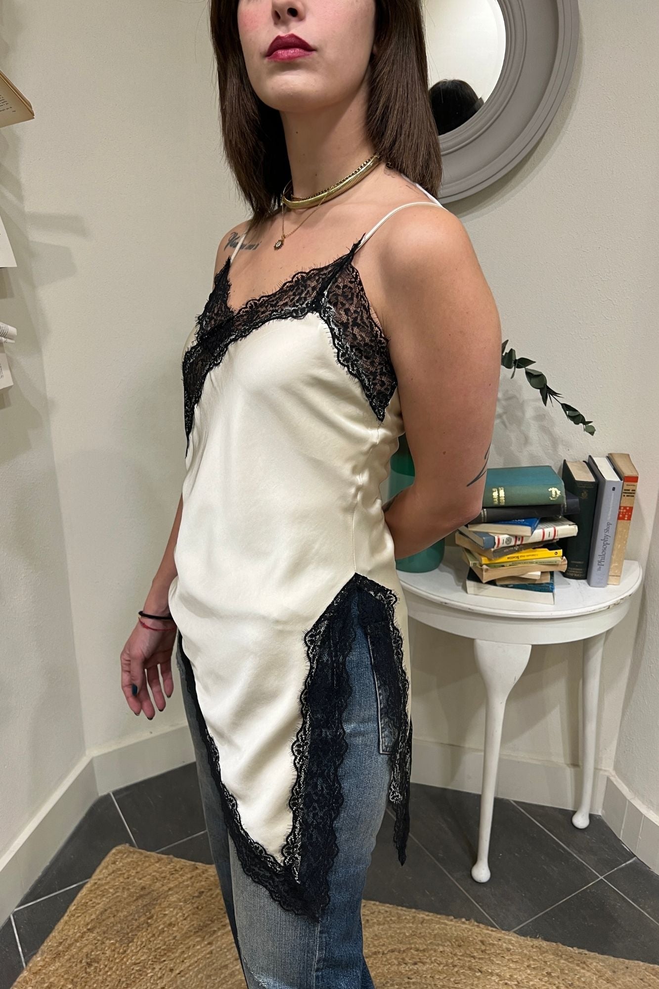 IMPERIAL Canottiere in satin e pizzo Imperial Gesso