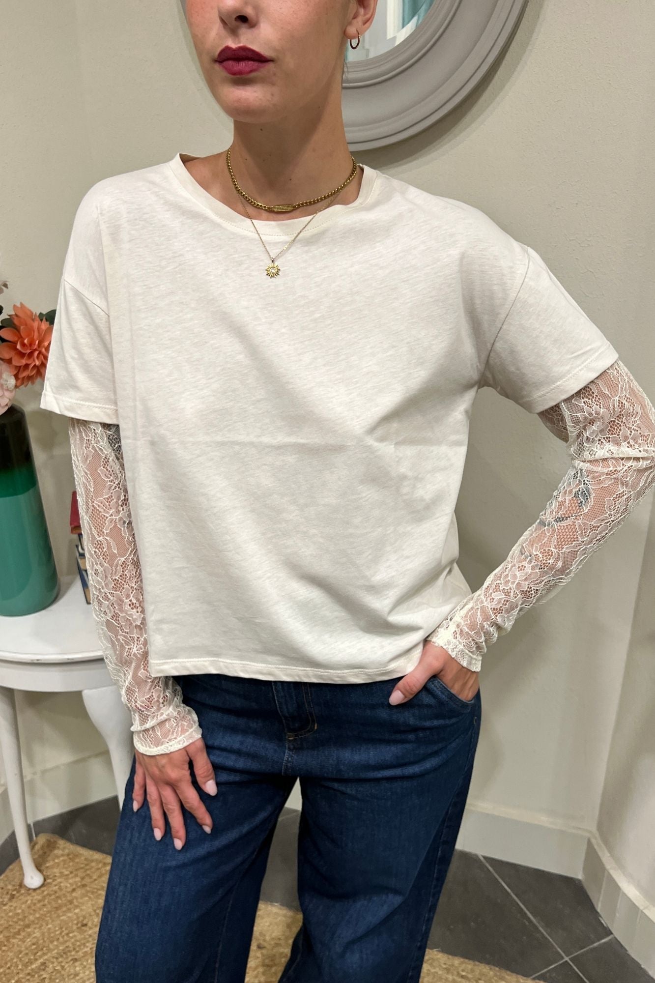 SUSY MIX T-shirt con manica in pizzo Susy mix Crema