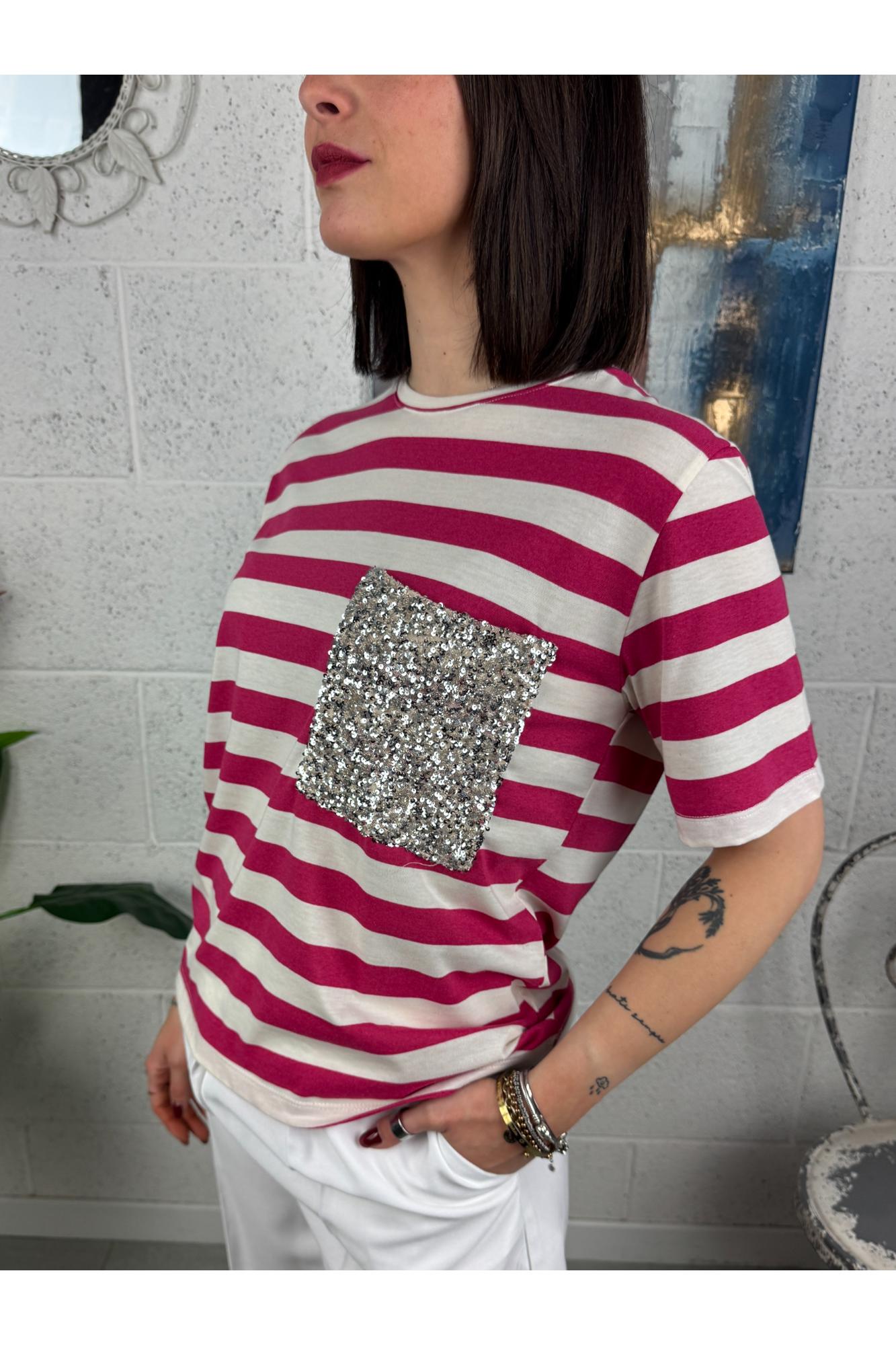 DIXIE T-shirt rigata con taschino di paillettes Dixie Fucsia