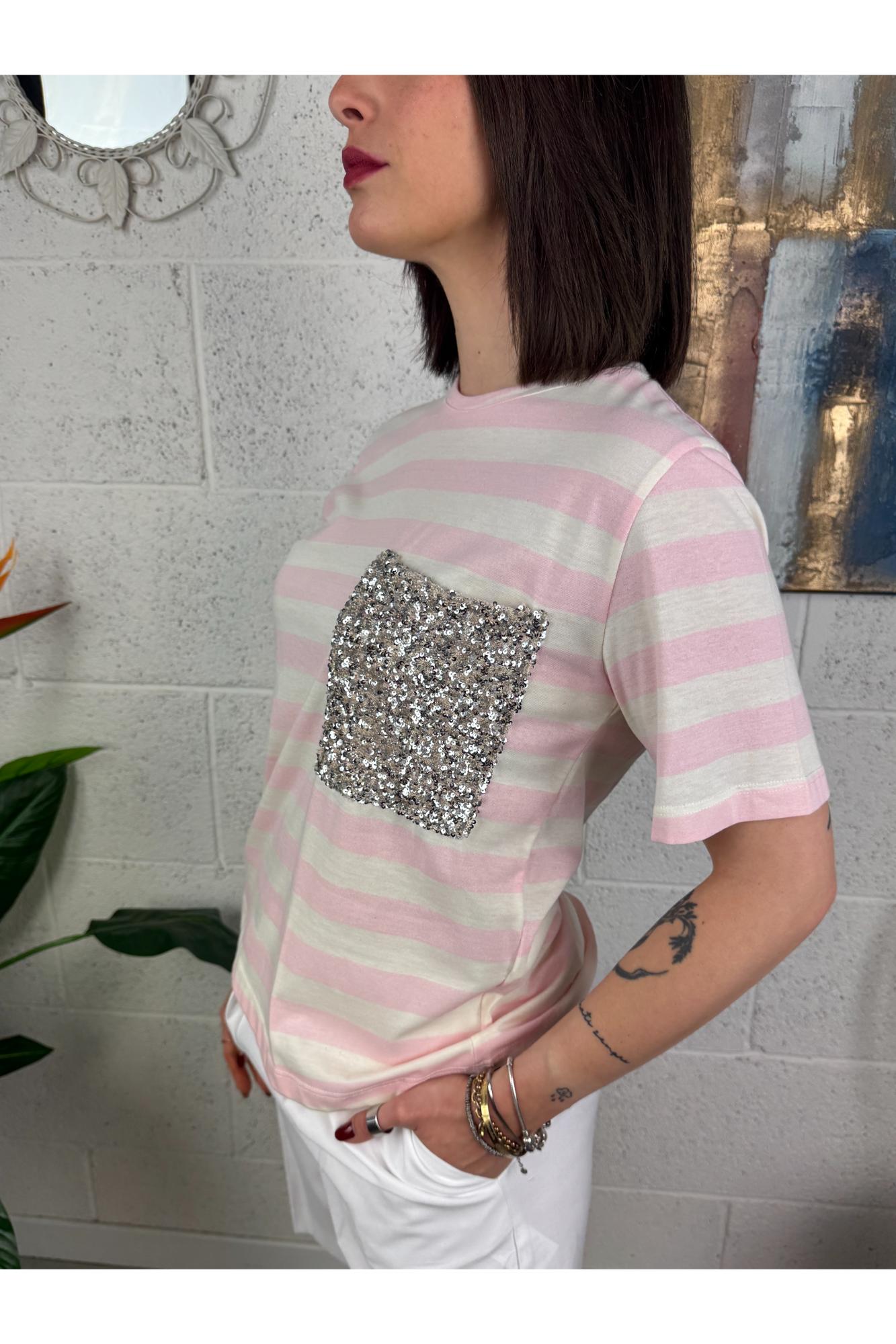 DIXIE T-shirt rigata con taschino di paillettes Dixie Rosa