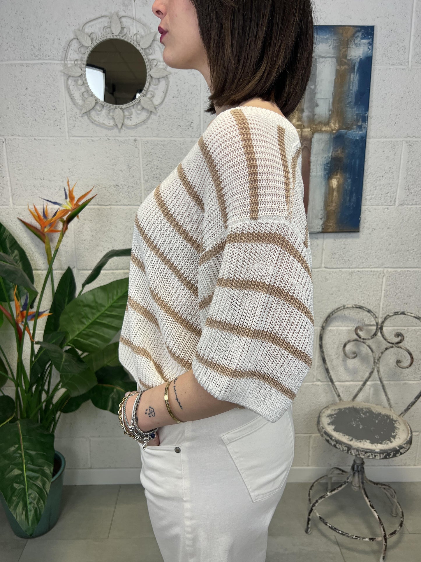 LE STREGHE Maglia scollo v rigata Le streghe Panna