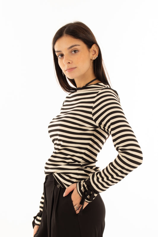 Maglia rigata con fiocchetto Dixie - Nero