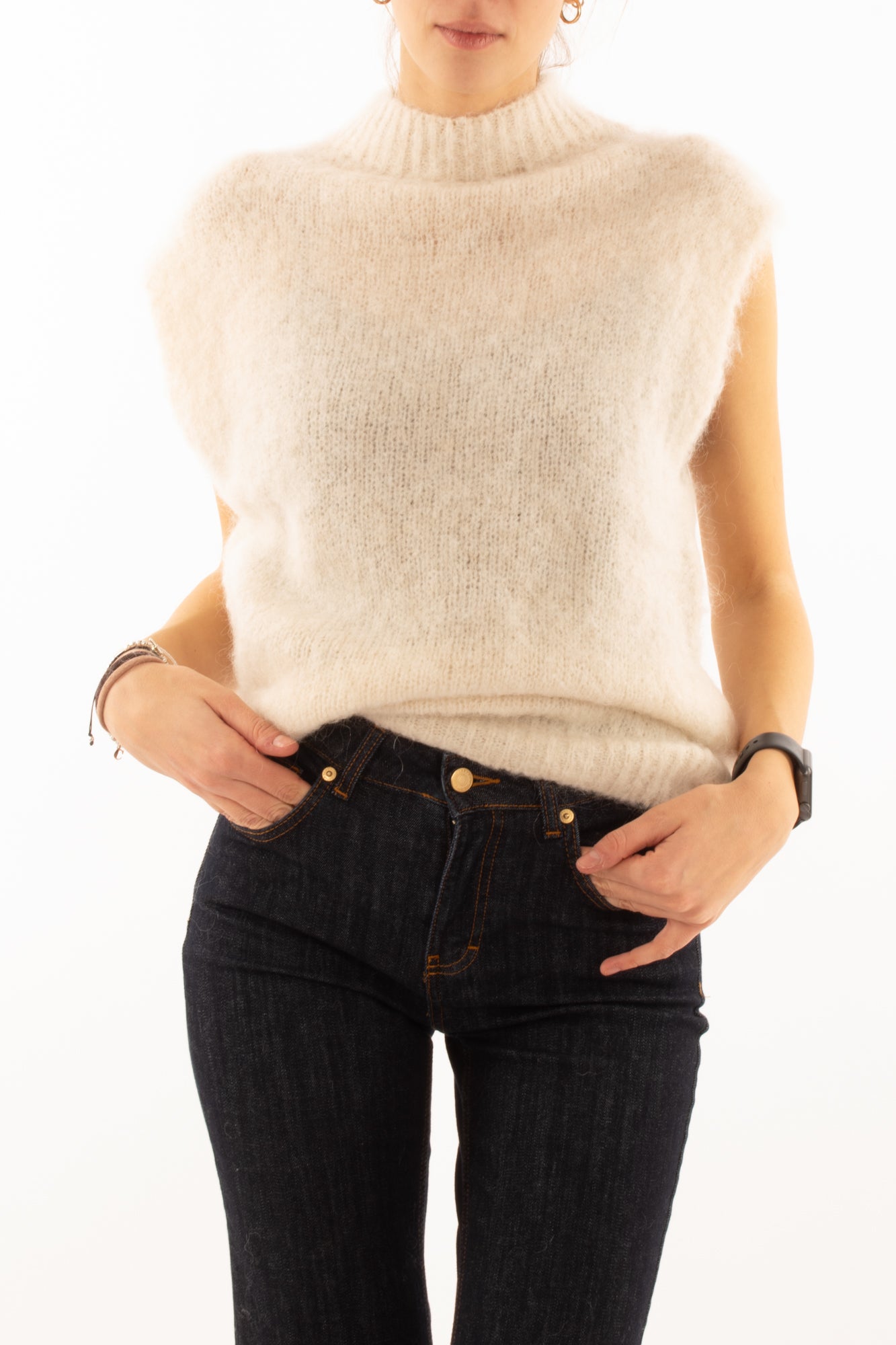 Gilet lupetto misto mohair King kong - Ecru