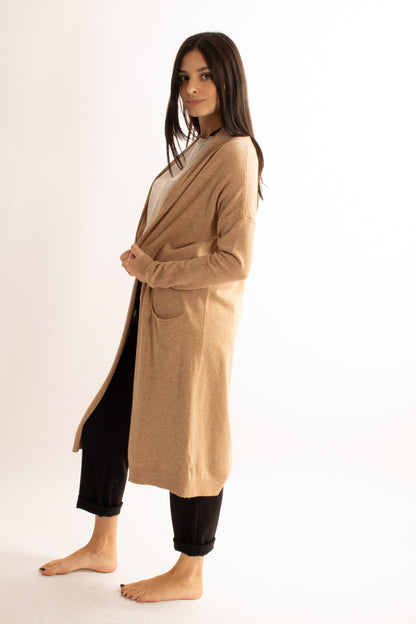 Cardigan lungo aperto Miamata - Sabbia