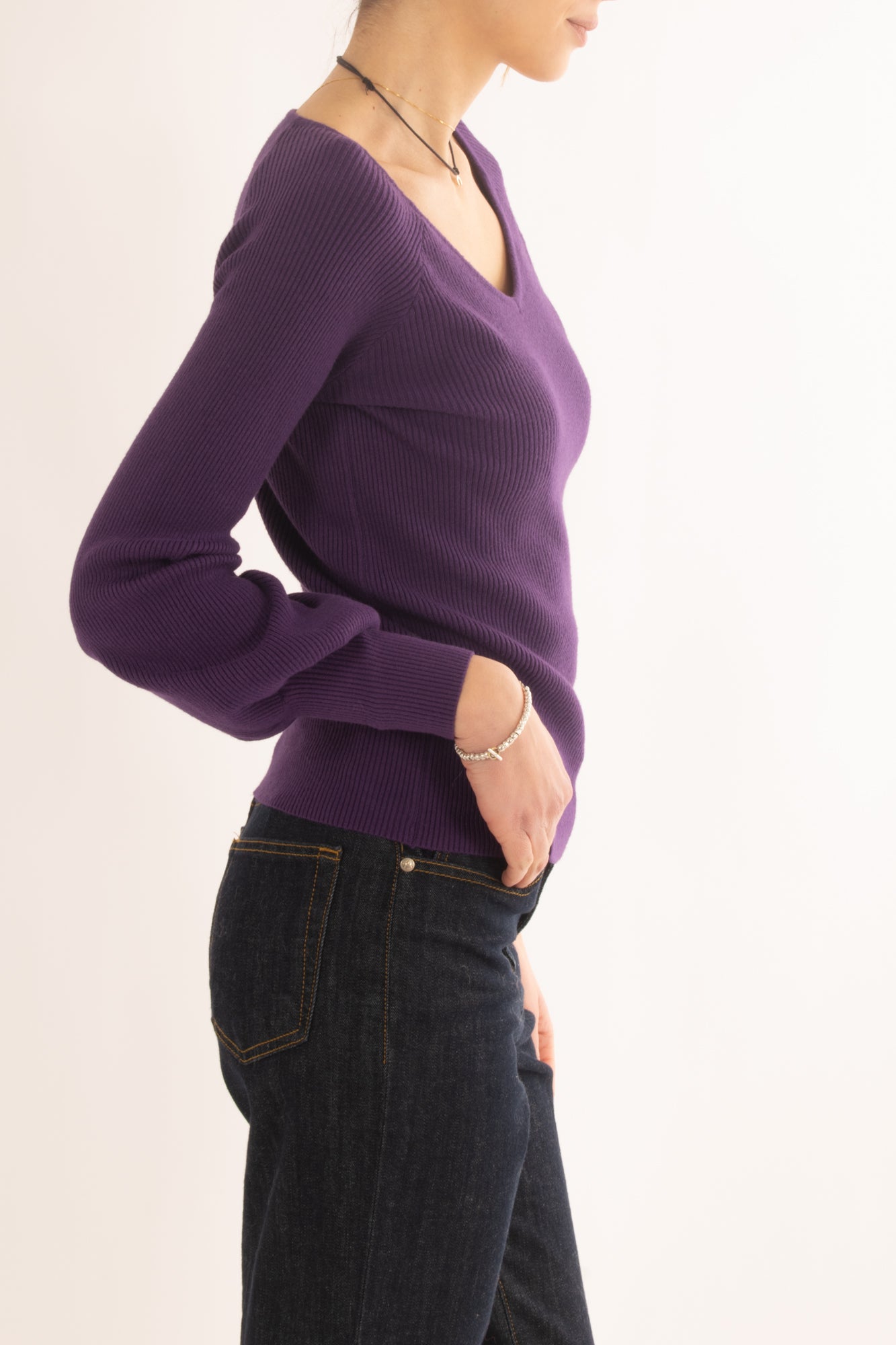 Maglia a costine a v Miamata - Viola