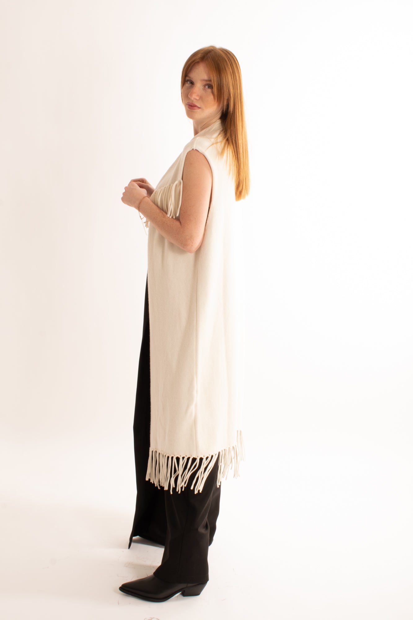 Gilet lungo con frange Motel - Crema