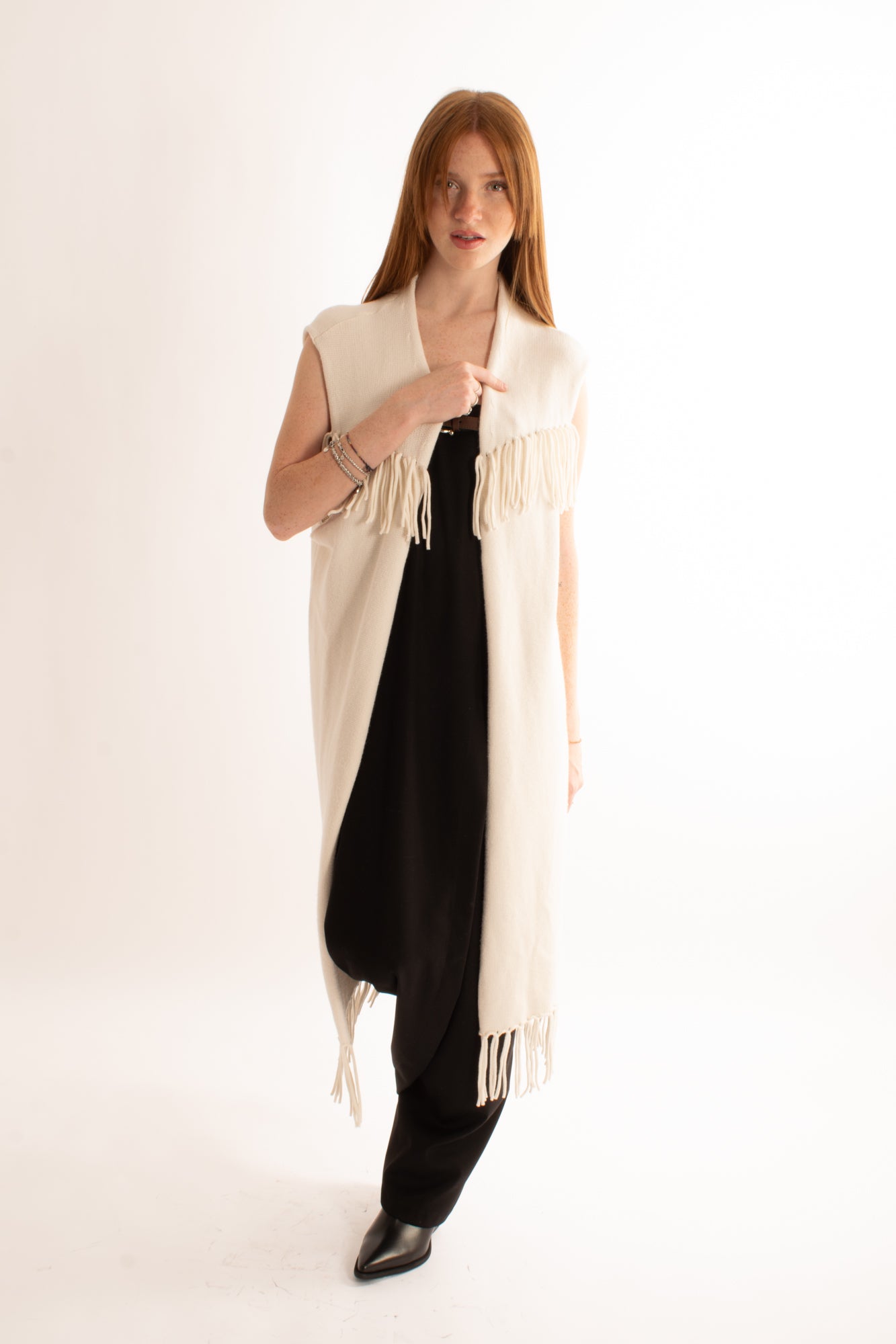 Gilet lungo con frange Motel - Crema