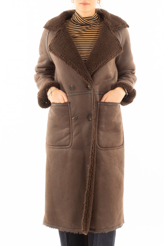 Montone eco lungo doppio petto Susy mix - Moro