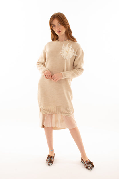 Abito di lana con tulle Susy mix - Corda
