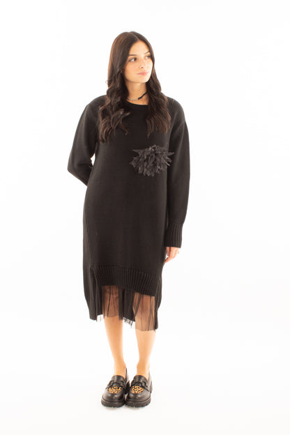 Abito di lana con tulle Susy mix - Nero