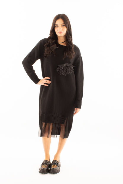 Abito di lana con tulle Susy mix - Nero