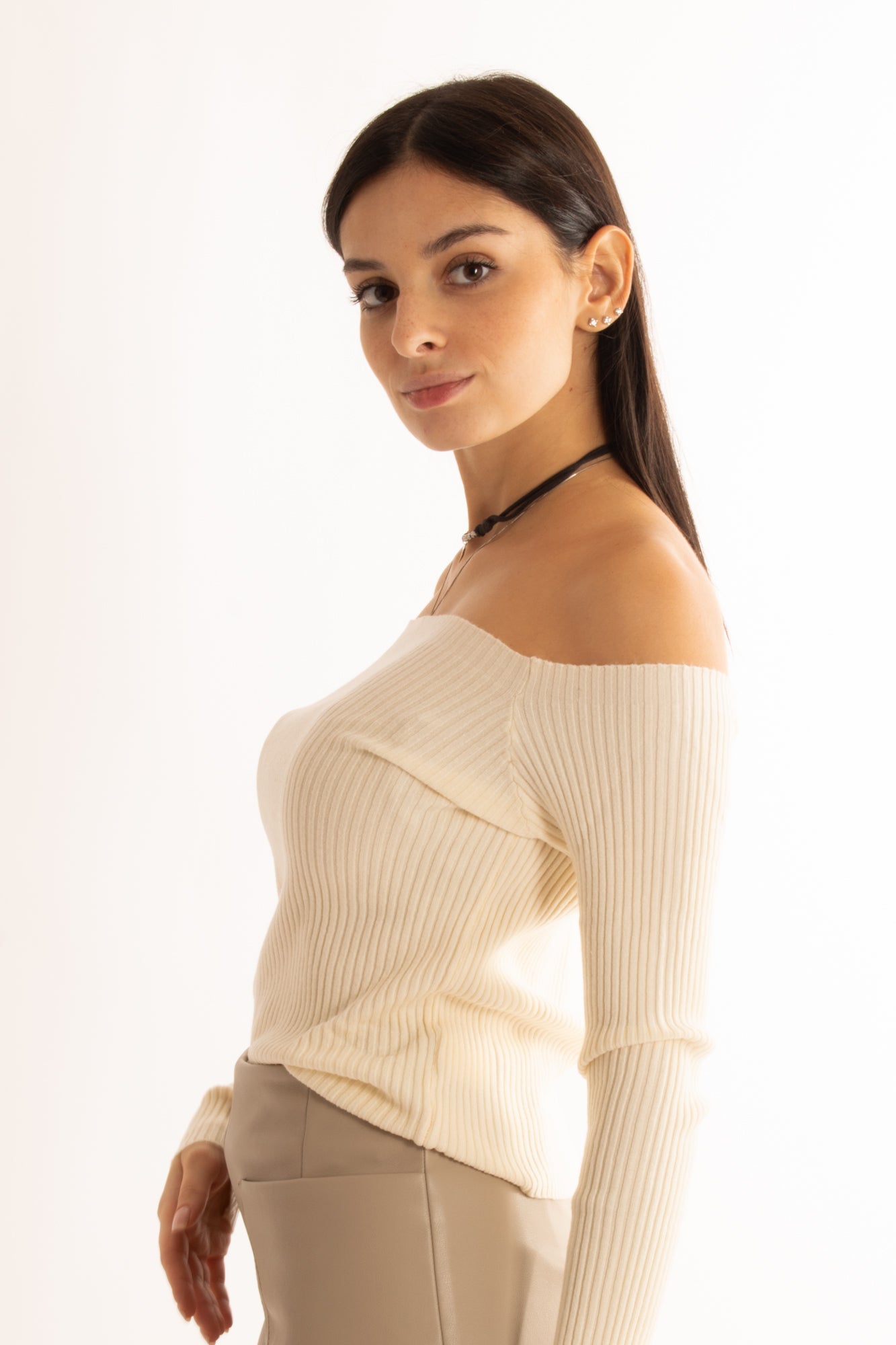 Maglia a costine corta Susy mix - Panna