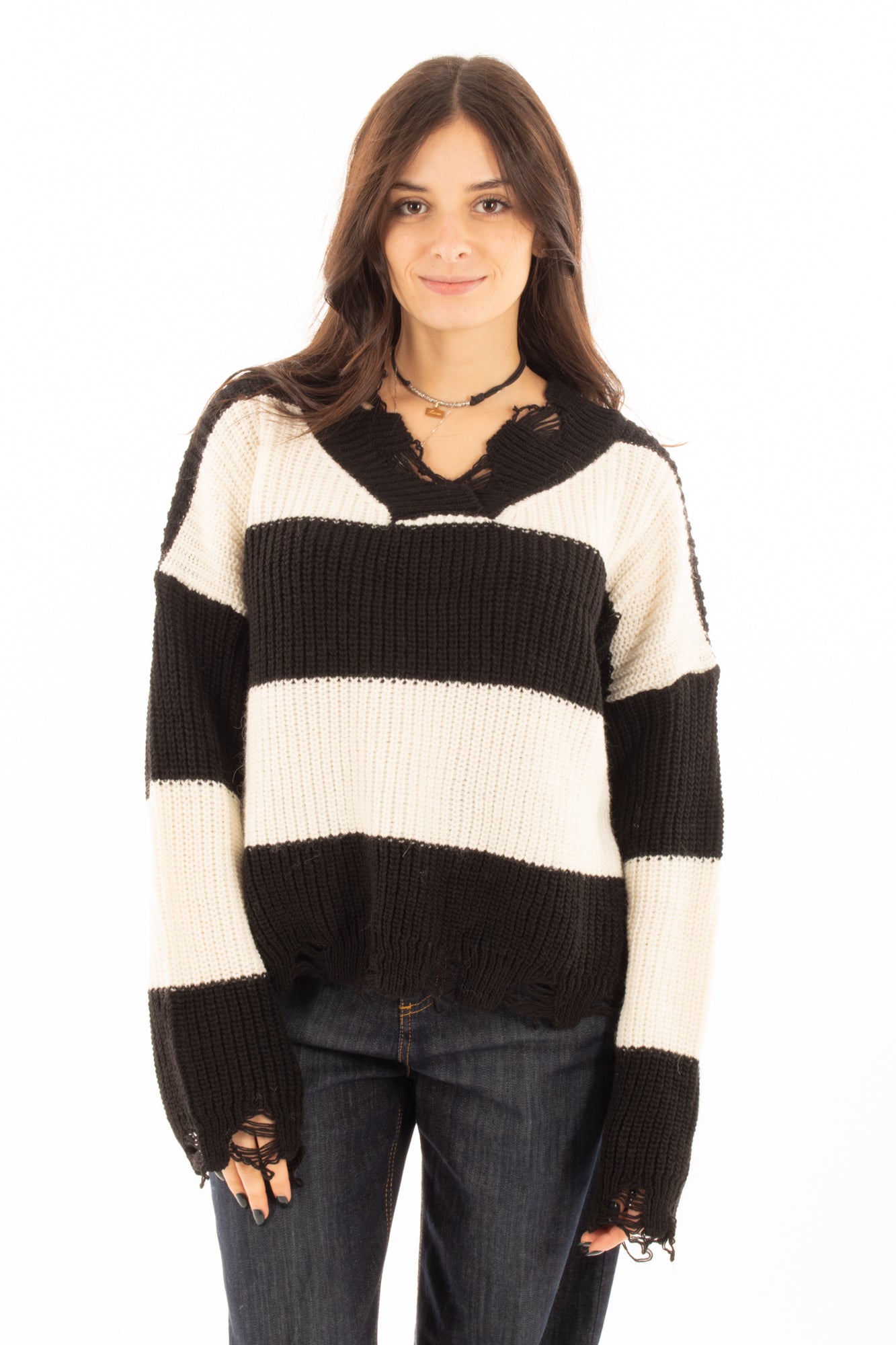 Maglione misto alpaca a v Susy mix - Nero