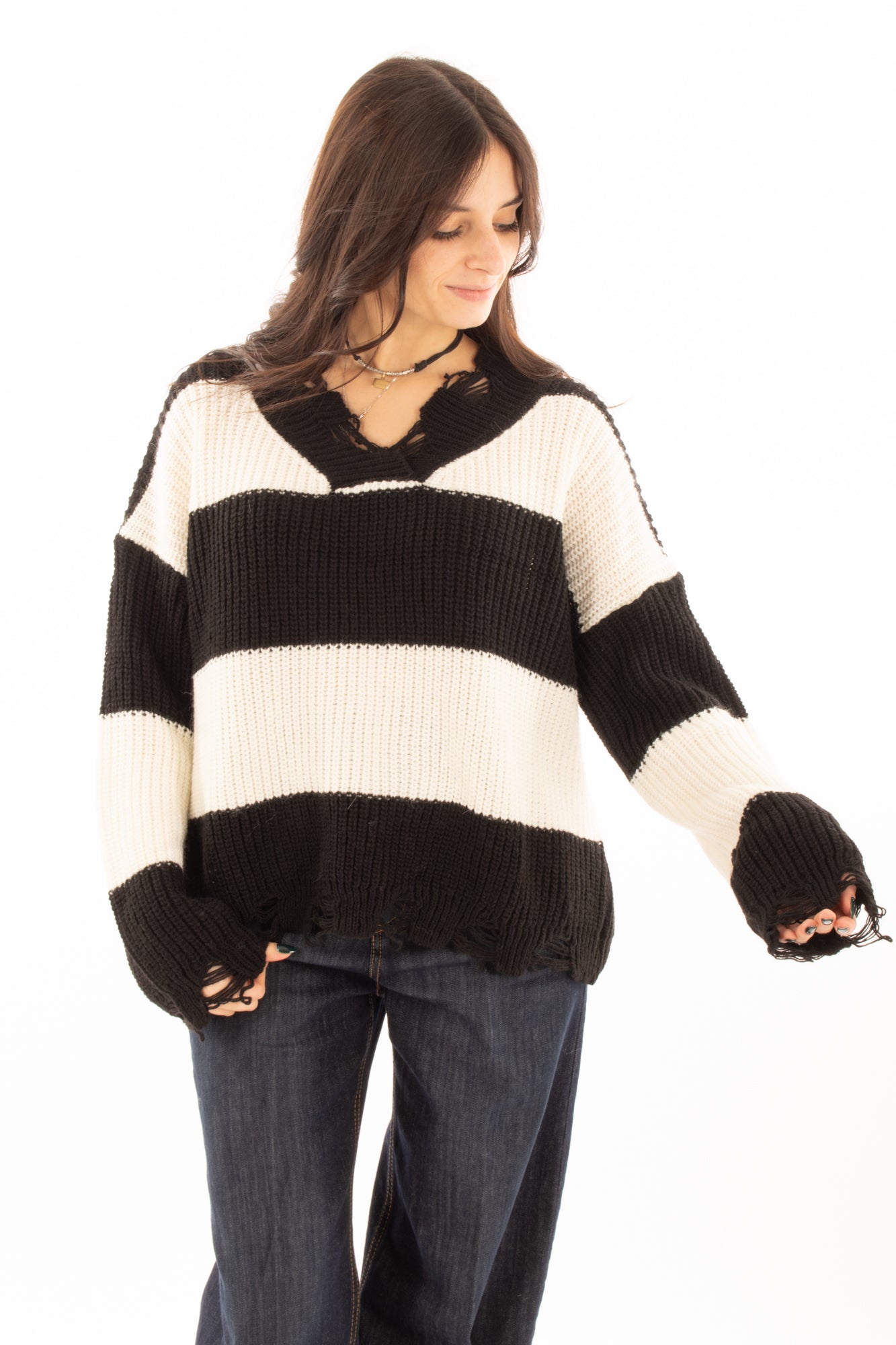Maglione misto alpaca a v Susy mix - Nero
