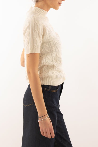 Maglione a treccia con manica corta Susy mix - Crema