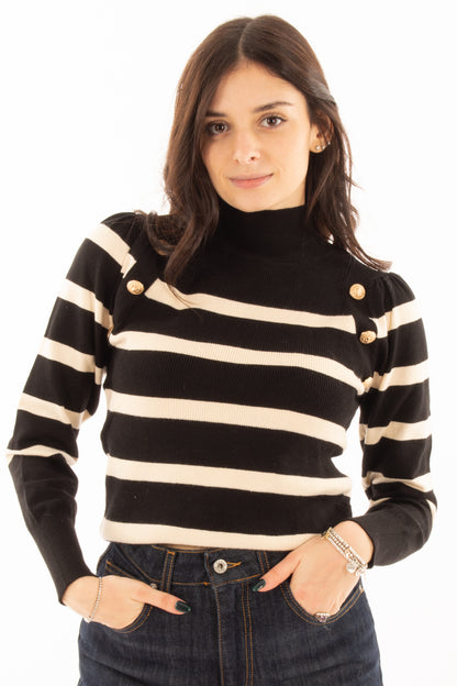 Maglione rigato con bottoni Susy mix - Nero