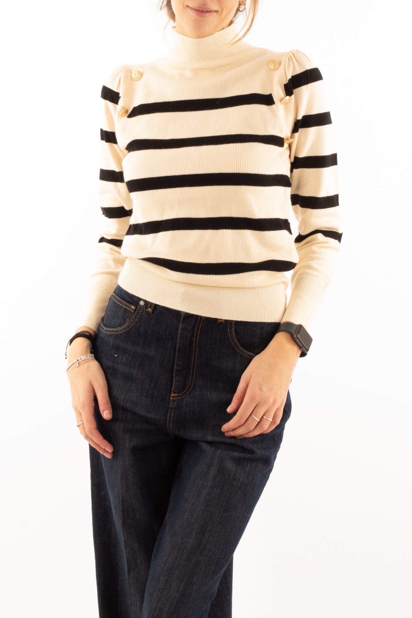 Maglione rigato con bottoni Susy mix Panna