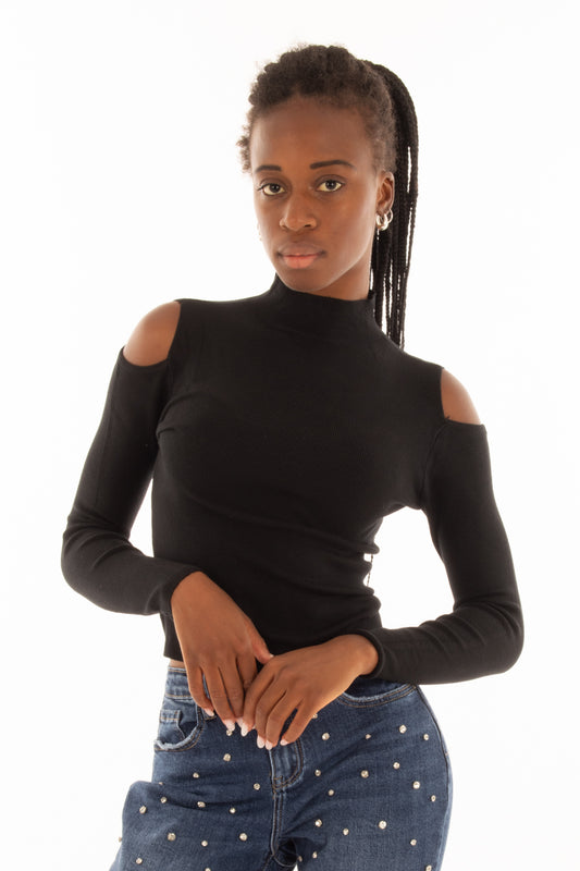 Maglia lupetto buchi spalla Susy mix - Nero