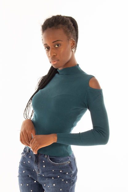 Maglia lupetto buchi spalla Susy mix - Ottanio