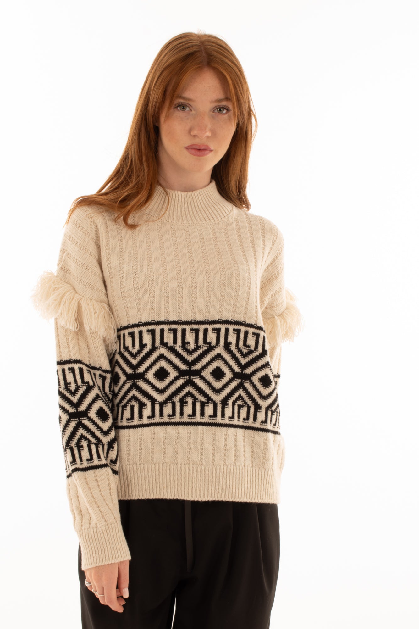 Maglione con frange e ricamo Elitè by Susy mix - Panna