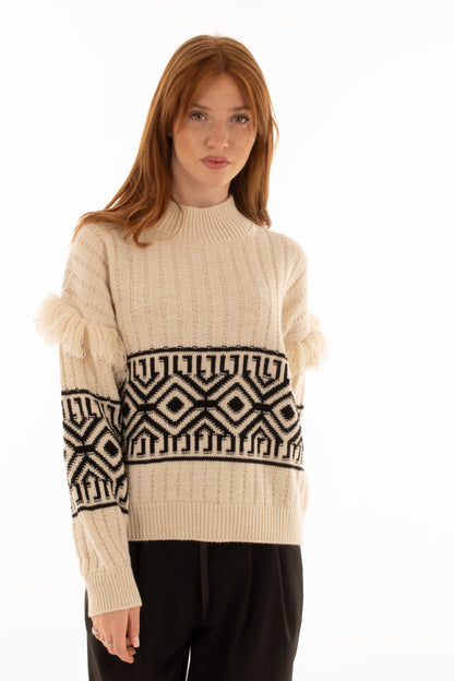 Maglione con frange e ricamo Elitè by Susy mix - Panna