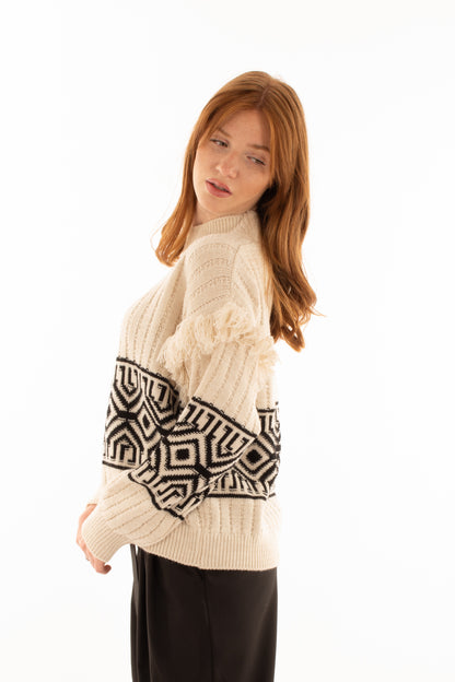 Maglione con frange e ricamo Elitè by Susy mix - Panna