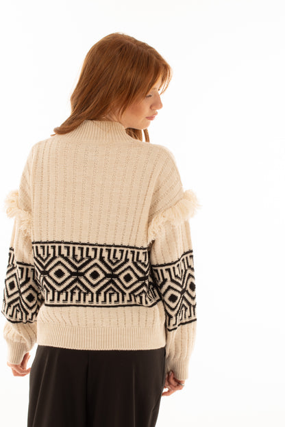 Maglione con frange e ricamo Elitè by Susy mix - Panna