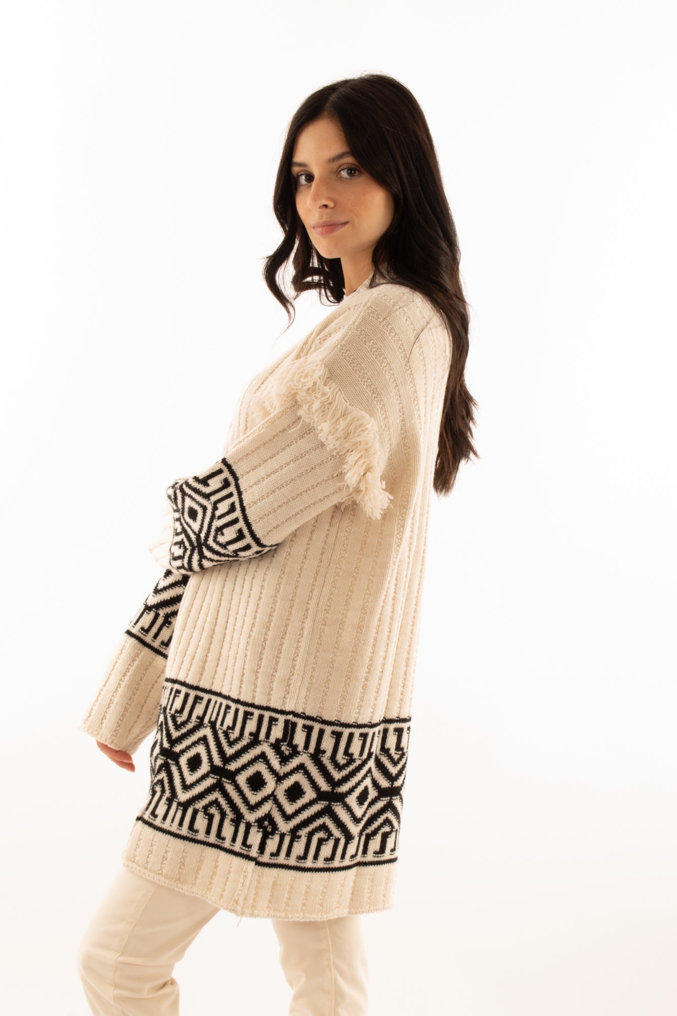 Cardigan aperto con frange Susy mix Elitè -Burro